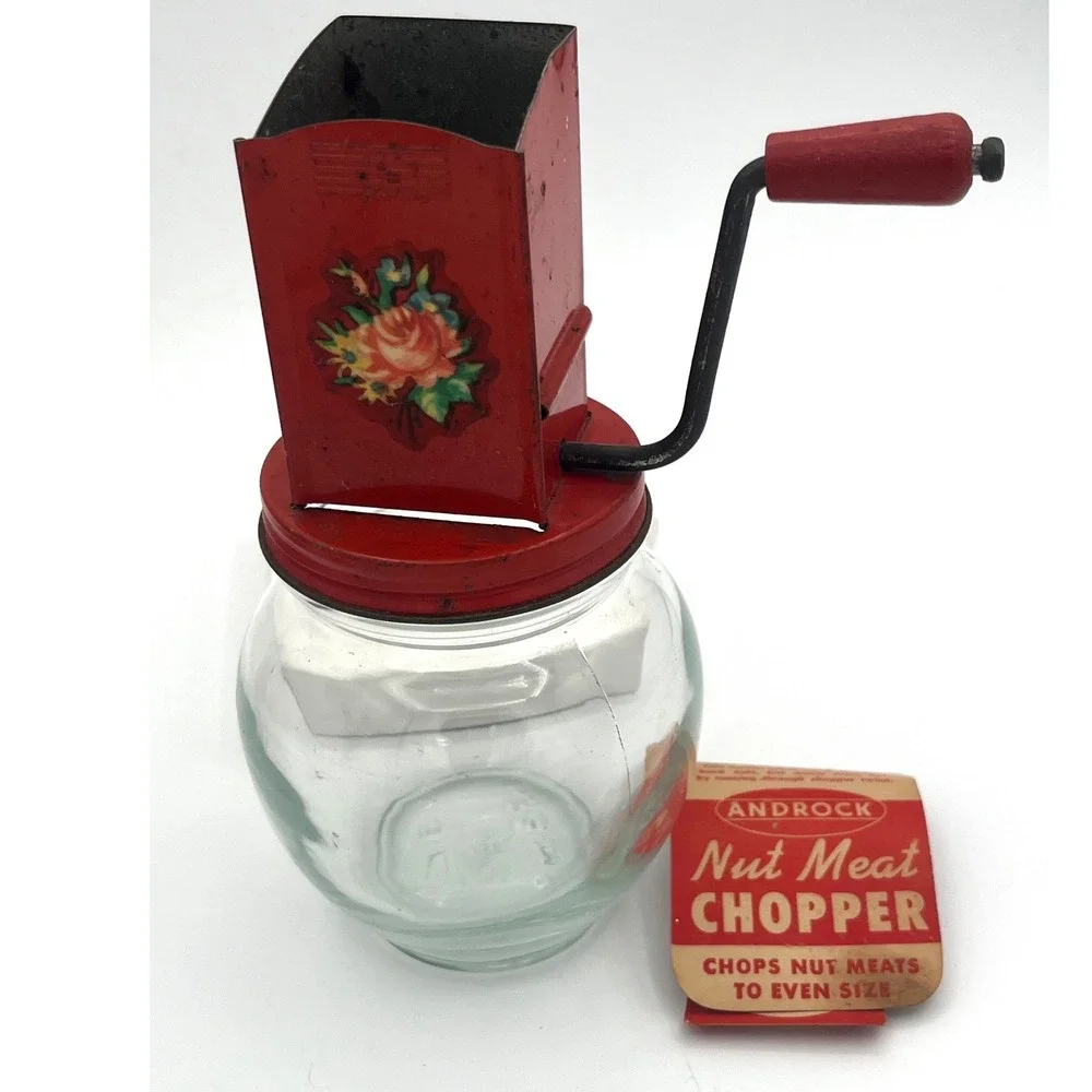 Vintage Hazel Atlas Red Floral Hand Crank Glass Nut‎ Grinder Kitchen Jar 1940s